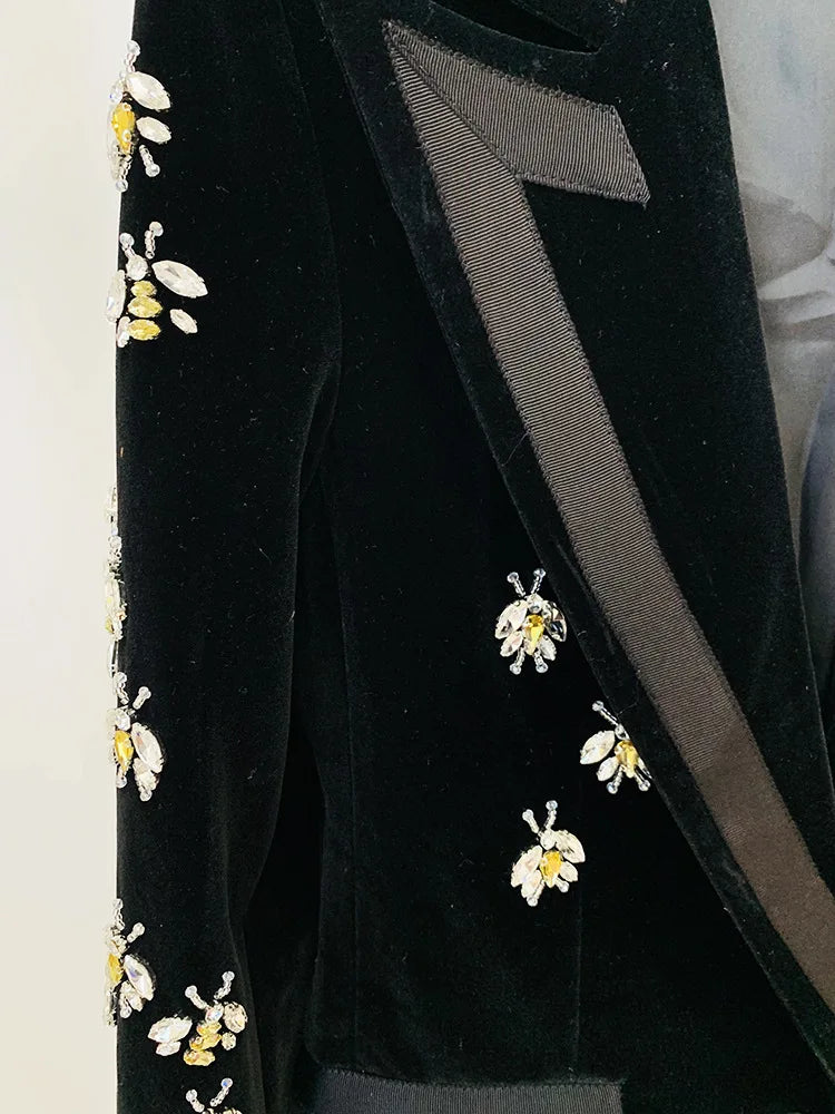 Black Velvet Blazer WomenDiamond Studded Pearl Bee Jacket for Party Wedding Wear Slim Fit Bee Diamond Studded Velvet Suits Coat
