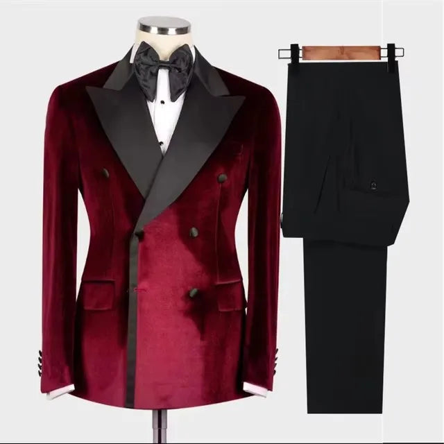 Esmoquin de terciopelo para novio, traje cruzado para hombre para boda, corte entallado, blazer de solapa de satén, conjunto de ropa de moda masculina, 2 piezas
