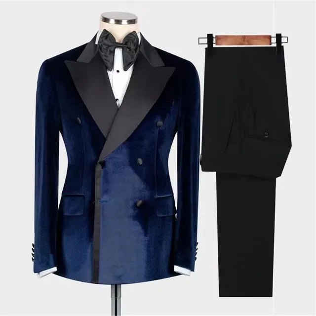 Esmoquin de terciopelo para novio, traje cruzado para hombre para boda, corte entallado, blazer de solapa de satén, conjunto de ropa de moda masculina, 2 piezas