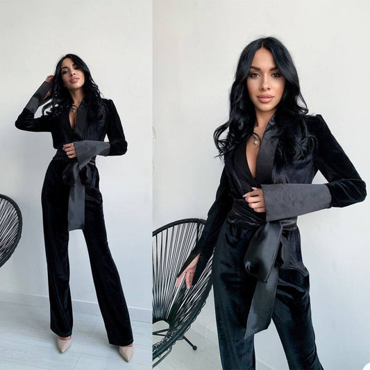 Traje de chaqueta de terciopelo negro para mujer con cinturón, manga larga, corte entallado, pantalón formal, para fiesta de graduación y boda (chaqueta + pantalón) 