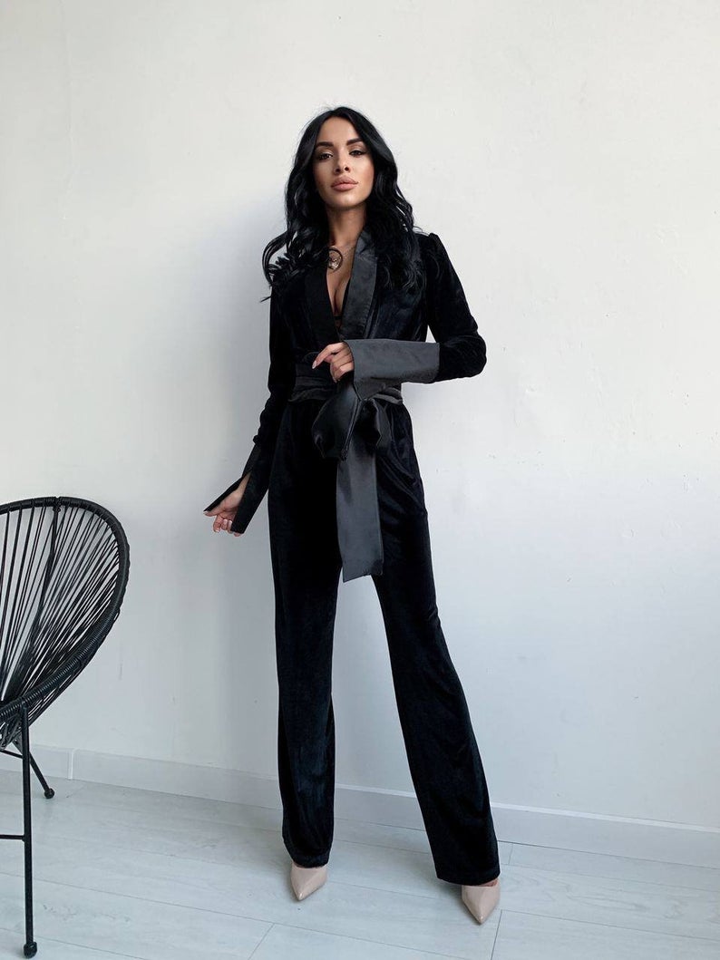 Black Velvet Women Blazer Suit with Belt Long Sleeve Slim Fit Ladies Formal Pants Suits Prom Party Wedding (jacket+pants)