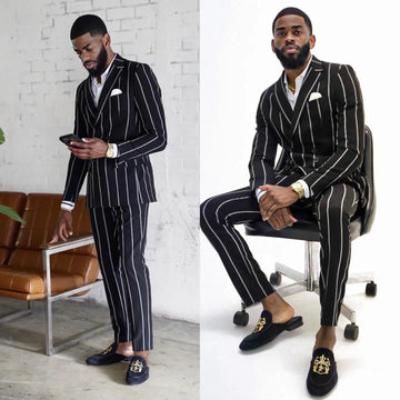 Elegante traje cruzado de rayas verticales negras para hombre: elegante esmoquin de novio con solapa con muesca para bodas y ocasiones especiales.