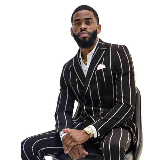 Elegante traje cruzado de rayas verticales negras para hombre: elegante esmoquin de novio con solapa con muesca para bodas y ocasiones especiales.