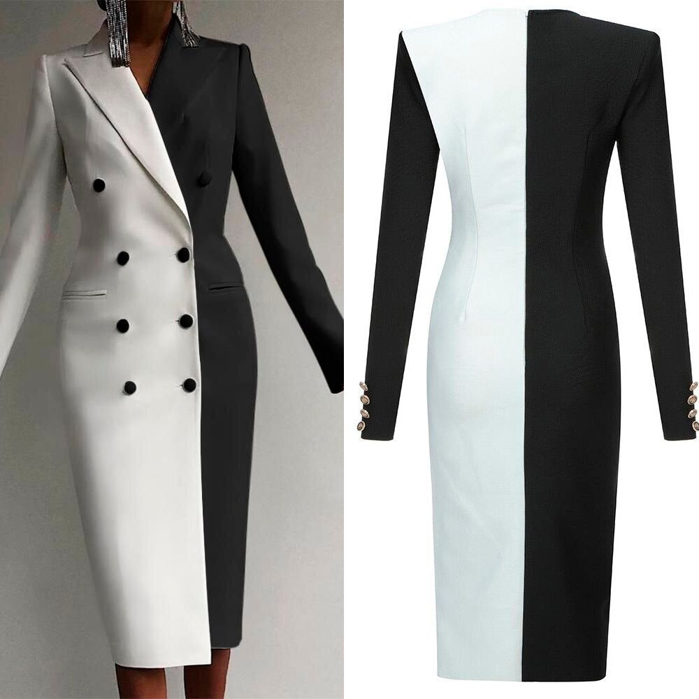 Costume croisé noir et blanc assorti pour femme, veste longue, tenue de soirée, de bal, sur mesure 