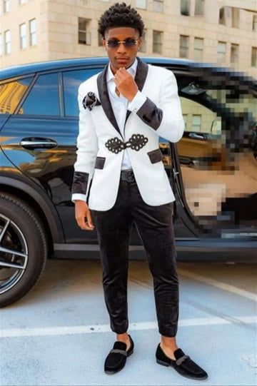 Stylish Black and White Velvet Suit for Men - Slim Fit 2-Piece Tuxedo for Prom, Wedding, and Formal Events