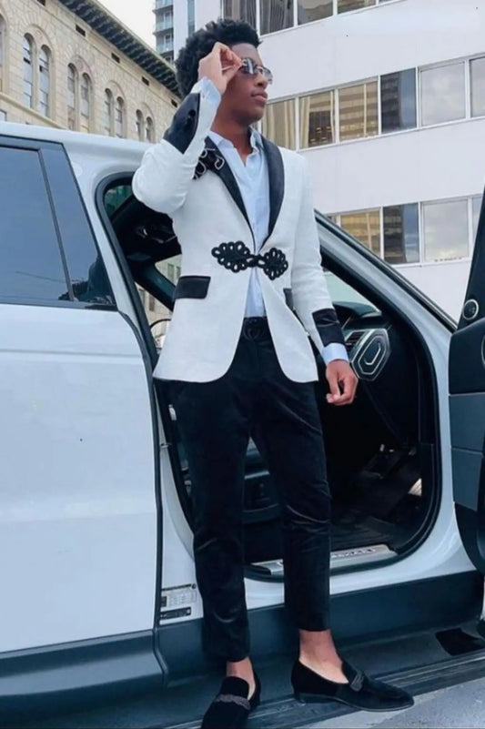 Stylish Black and White Velvet Suit for Men - Slim Fit 2-Piece Tuxedo for Prom, Wedding, and Formal Events