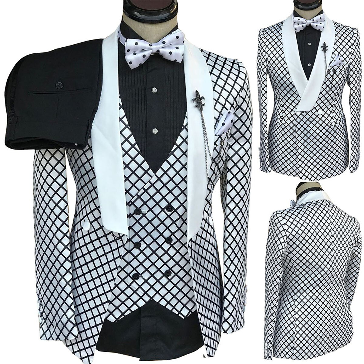 Conjunto de traje a cuadros blanco y negro para hombre, corte entallado, 3 piezas, botonadura sencilla, solapa chal, esmoquin de boda, pantalones negros 