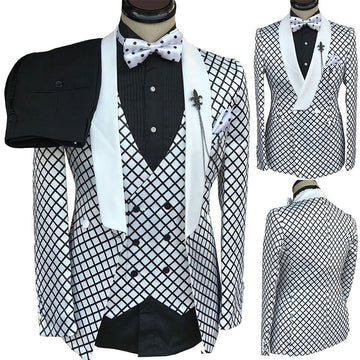 Black White Plaid Men Suits Set Slim Fit 3 Pieces Single Breasted Shawl Lapel Outfits Wedding Tuxedos Black Pants