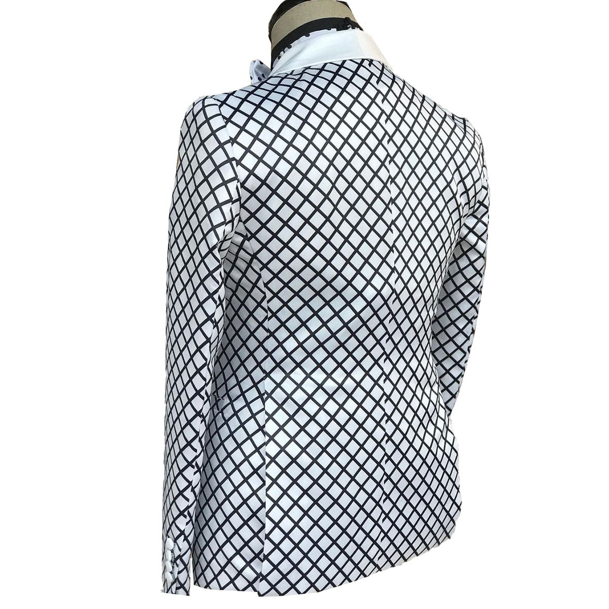 Conjunto de traje a cuadros blanco y negro para hombre, corte entallado, 3 piezas, botonadura sencilla, solapa chal, esmoquin de boda, pantalones negros 