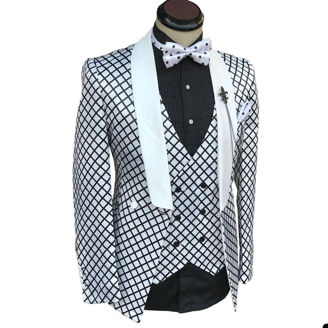 Conjunto de traje a cuadros blanco y negro para hombre, corte entallado, 3 piezas, botonadura sencilla, solapa chal, esmoquin de boda, pantalones negros 