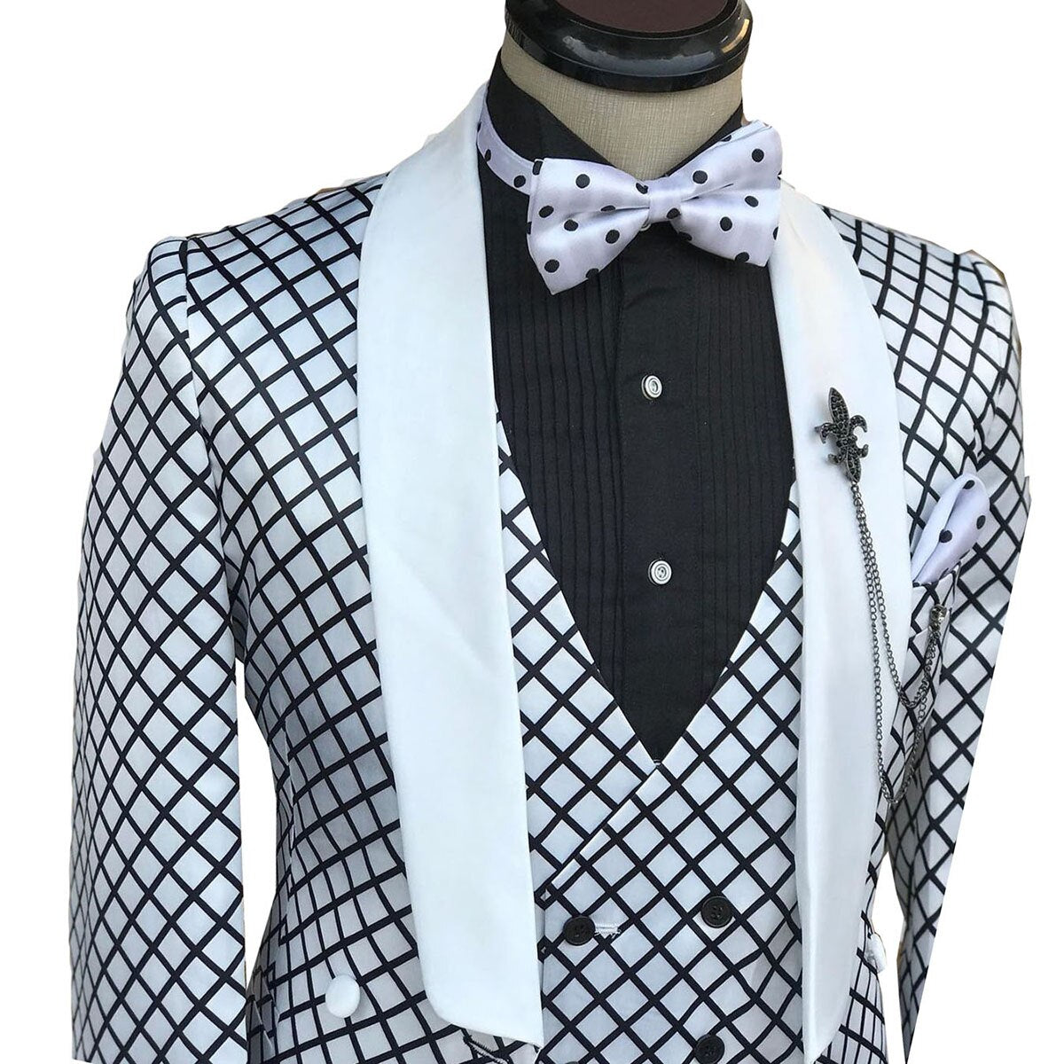 Conjunto de traje a cuadros blanco y negro para hombre, corte entallado, 3 piezas, botonadura sencilla, solapa chal, esmoquin de boda, pantalones negros 