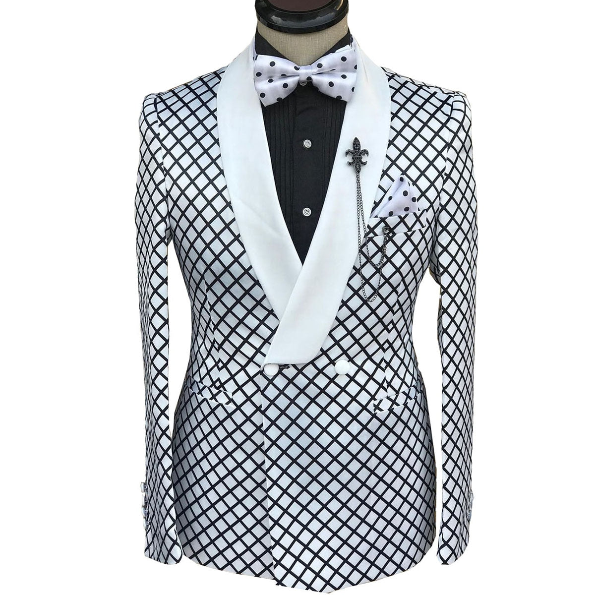 Conjunto de traje a cuadros blanco y negro para hombre, corte entallado, 3 piezas, botonadura sencilla, solapa chal, esmoquin de boda, pantalones negros 