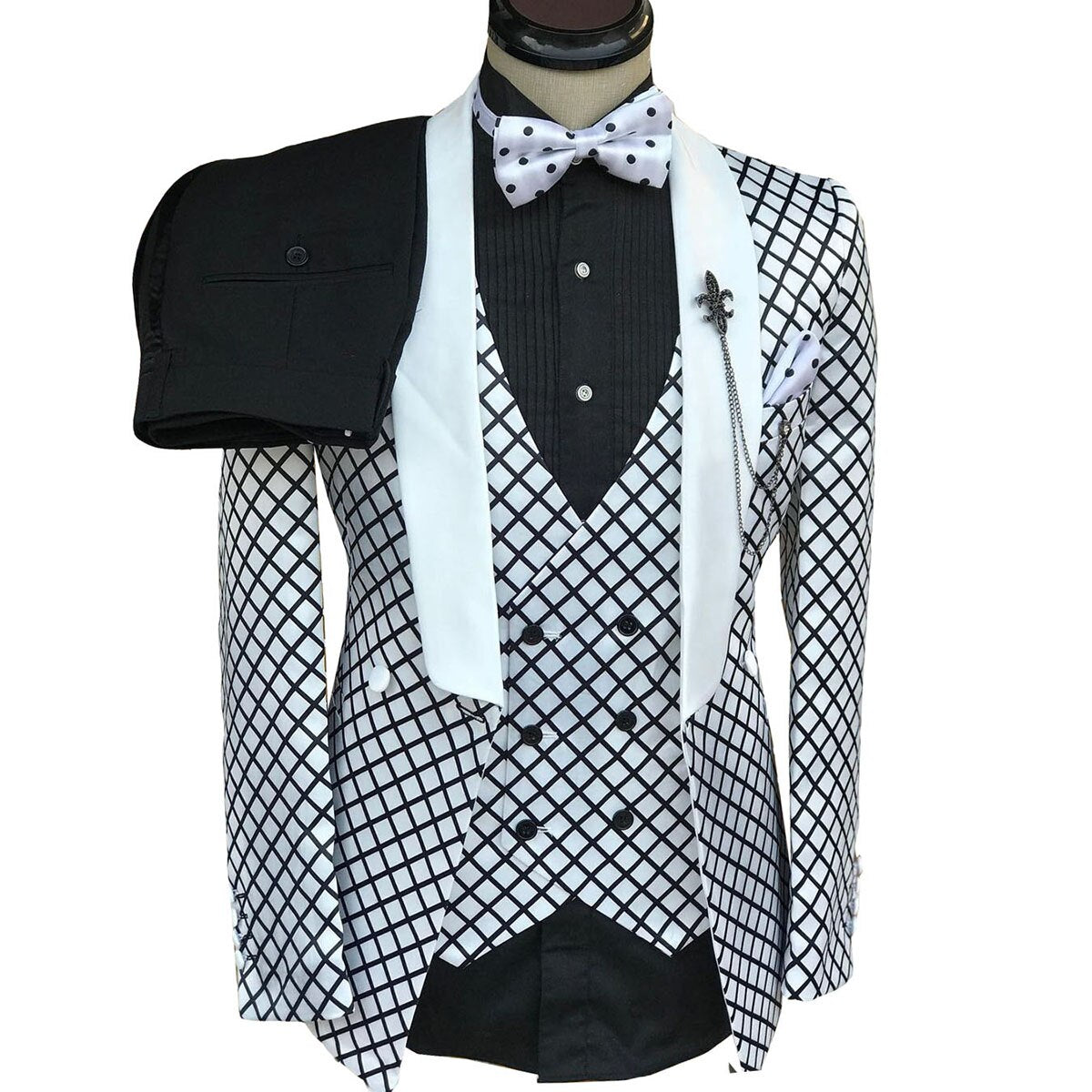 Conjunto de traje a cuadros blanco y negro para hombre, corte entallado, 3 piezas, botonadura sencilla, solapa chal, esmoquin de boda, pantalones negros 