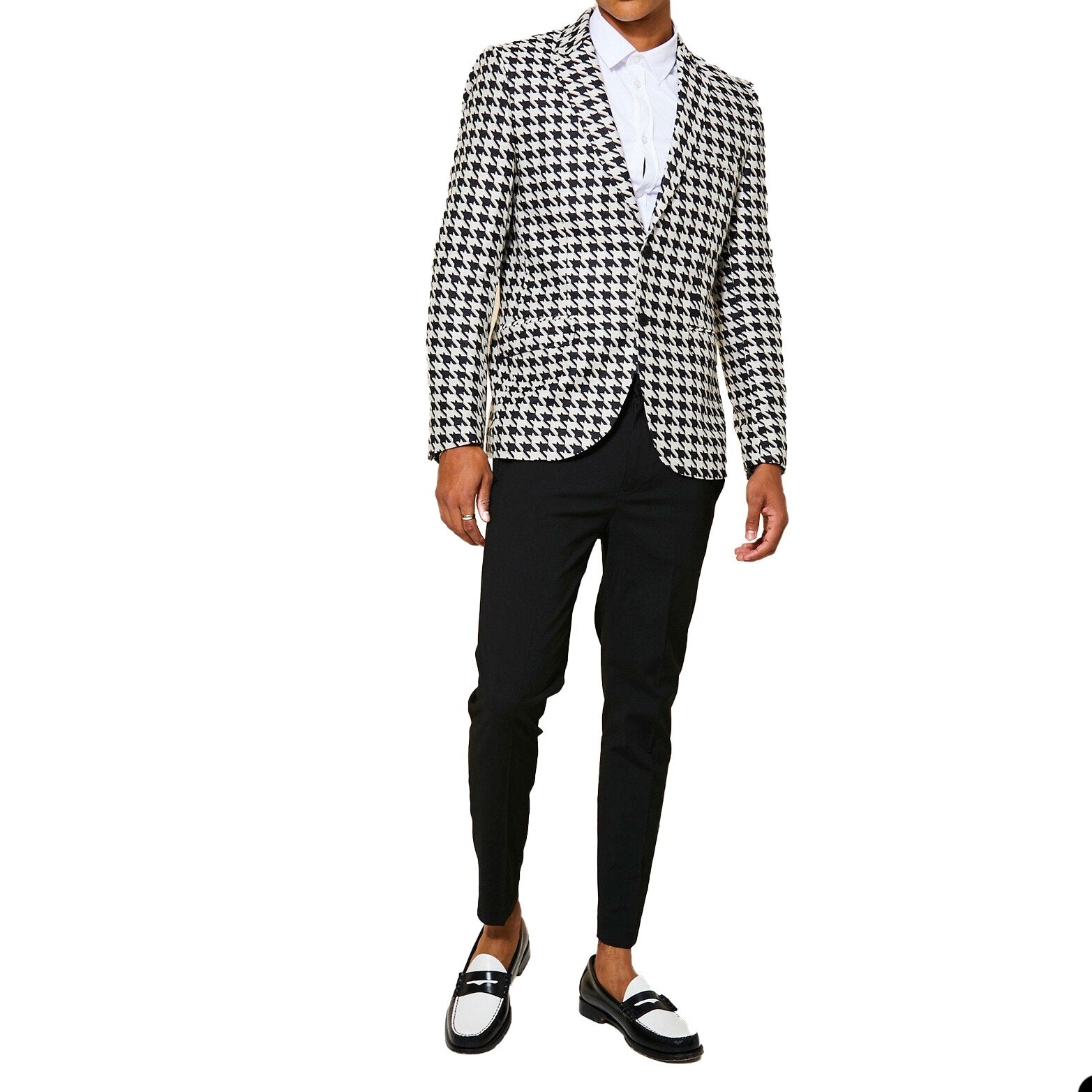 Esmoquin a cuadros blanco y negro para hombre, para novio, fiesta, graduación, abrigo de dos botones, traje de negocios, traje de una pieza 