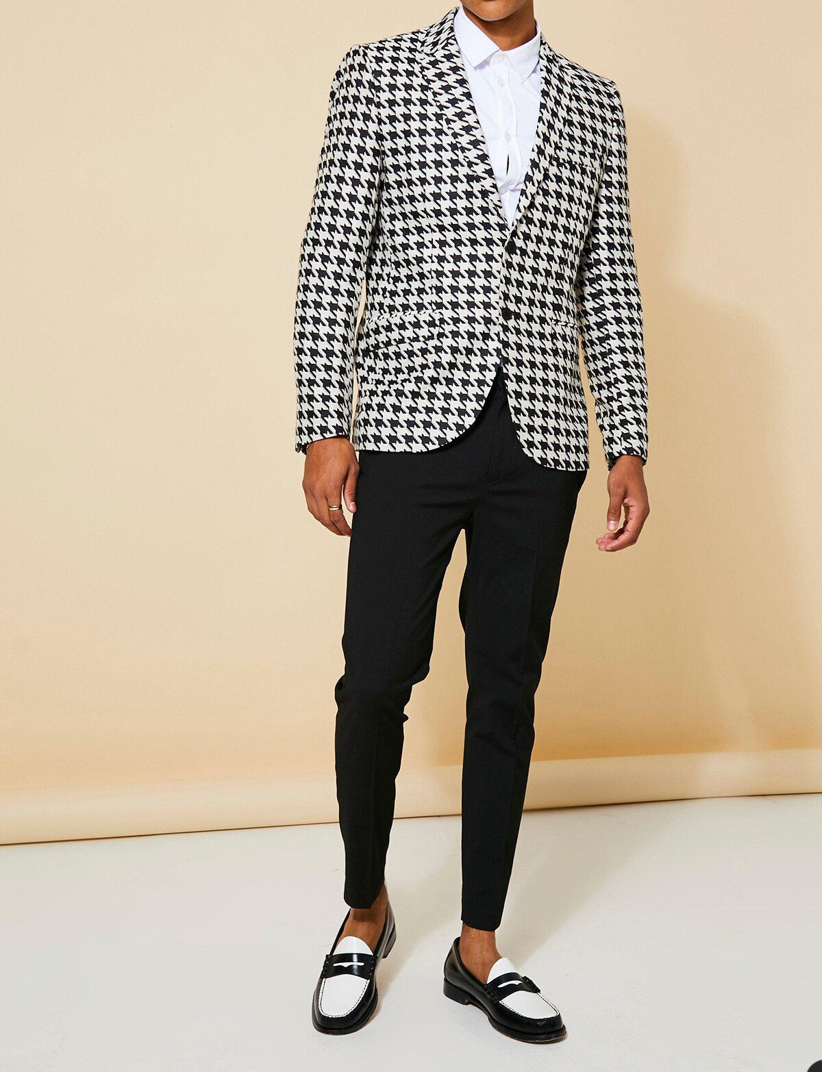Esmoquin a cuadros blanco y negro para hombre, para novio, fiesta, graduación, abrigo de dos botones, traje de negocios, traje de una pieza 