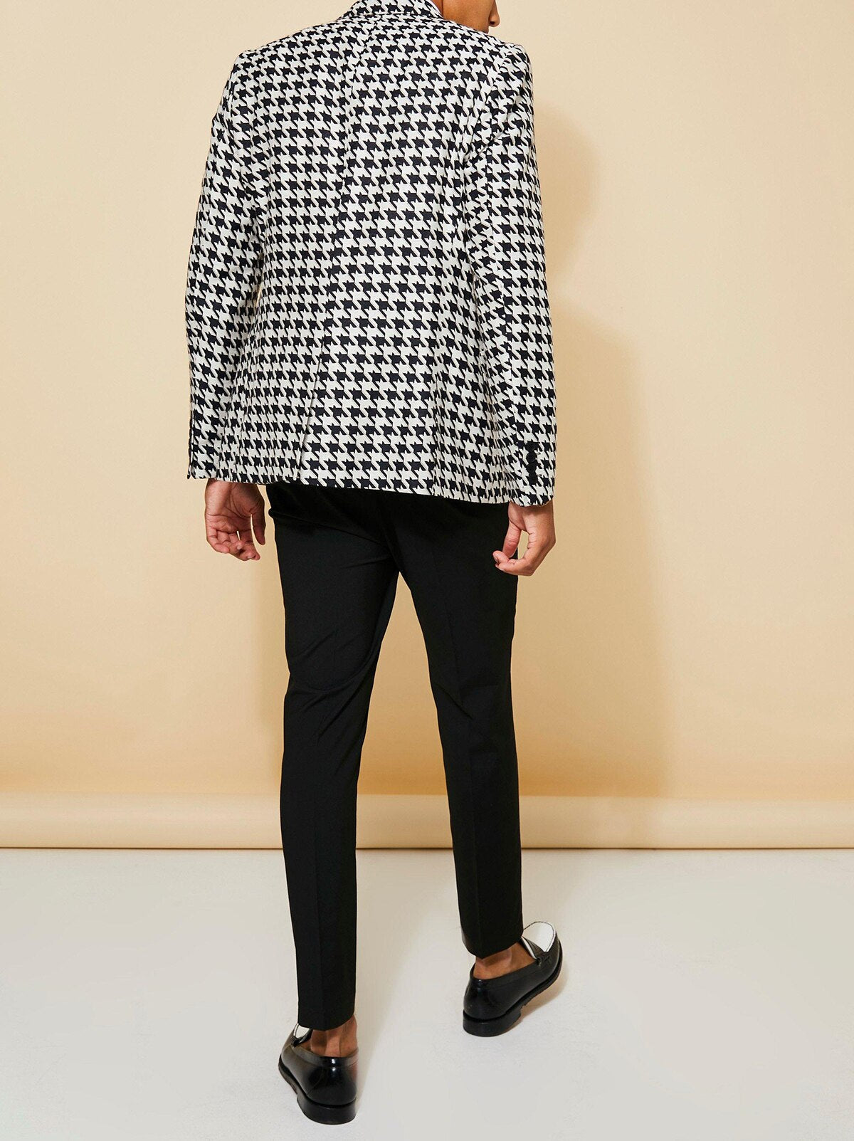 Esmoquin a cuadros blanco y negro para hombre, para novio, fiesta, graduación, abrigo de dos botones, traje de negocios, traje de una pieza 