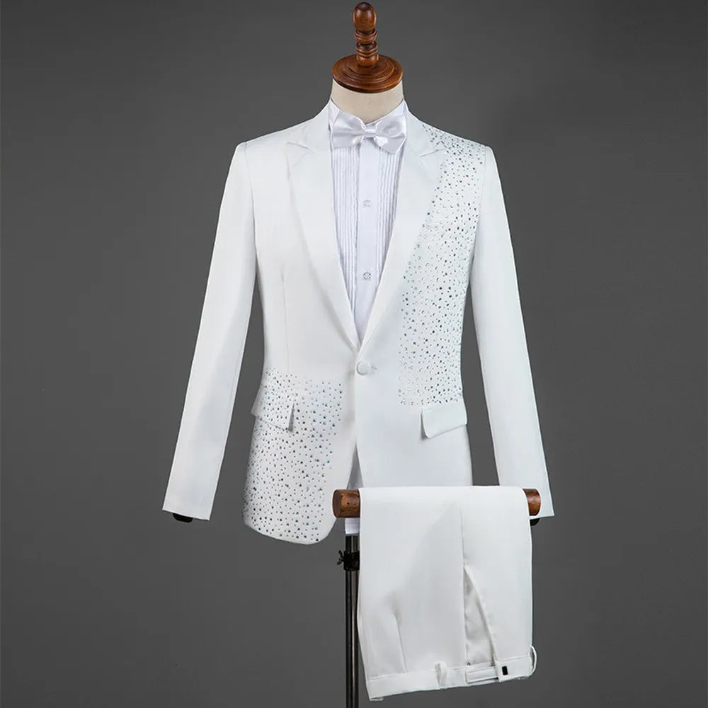 Traje de hombre para ocasión especial en blanco y negro, para novio, padrino de boda, esmoquin, conjunto de 2 piezas, chaqueta, pantalones, lazo de regalo. 