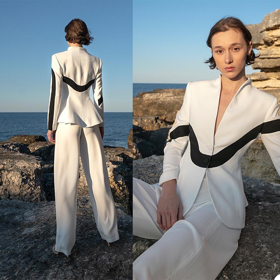Ensemble pantalon et veste pour femme, coupe slim, noir et blanc, idéal pour le bureau, les soirées, les bals de promo ou les loisirs. 