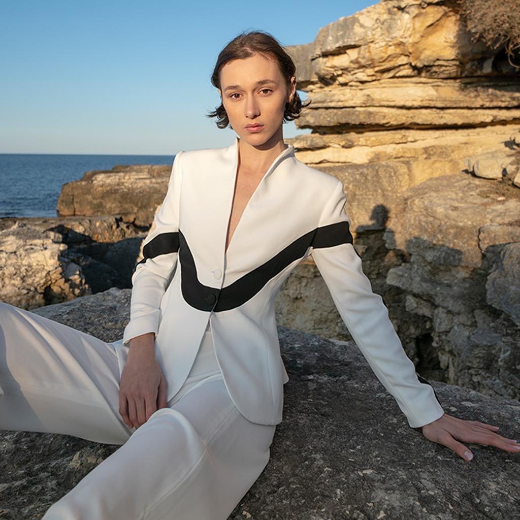 Ensemble pantalon et veste pour femme, coupe slim, noir et blanc, idéal pour le bureau, les soirées, les bals de promo ou les loisirs. 