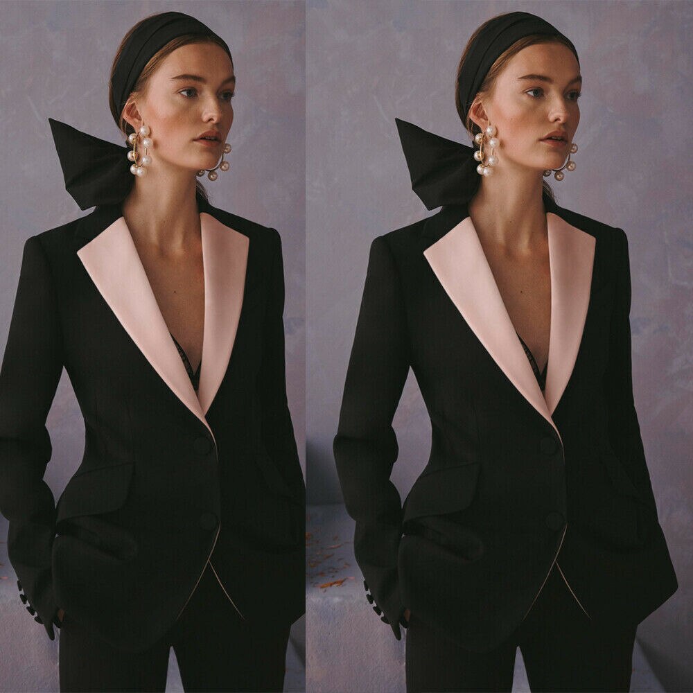 Ensemble blazer élégant à manches longues pour femme noire, sur mesure, deux pièces, tenue de travail assortie (veste + pantalon) 