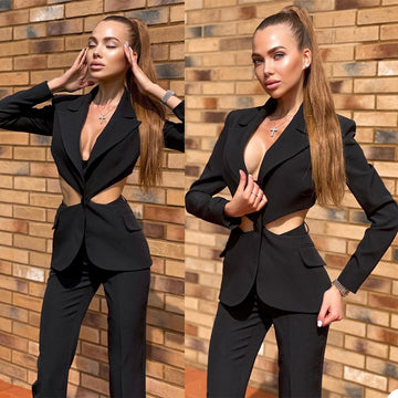 Black Women Pants Suits Sexy Cutaway Side Evening Party Prom Daily Blazer Tuxedos Formal Wear For Wedding (Jacket+Pants)
