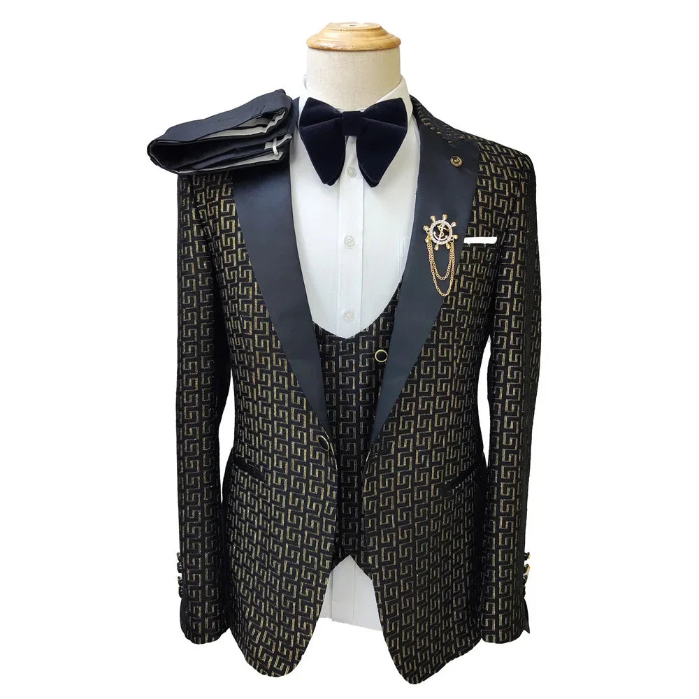 Costume homme noir et blanc 3 pièces imprimé palais doré, costume de mariage sur la route, vêtements pour hommes, costumes de mariage pour hommes 