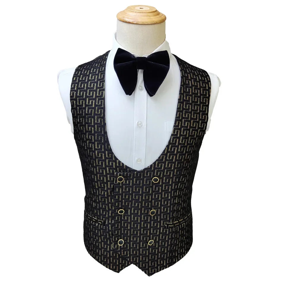 Costume homme noir et blanc 3 pièces imprimé palais doré, costume de mariage sur la route, vêtements pour hommes, costumes de mariage pour hommes 