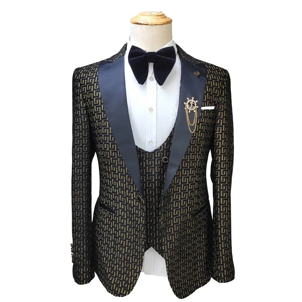 Costume homme noir et blanc 3 pièces imprimé palais doré, costume de mariage sur la route, vêtements pour hommes, costumes de mariage pour hommes 