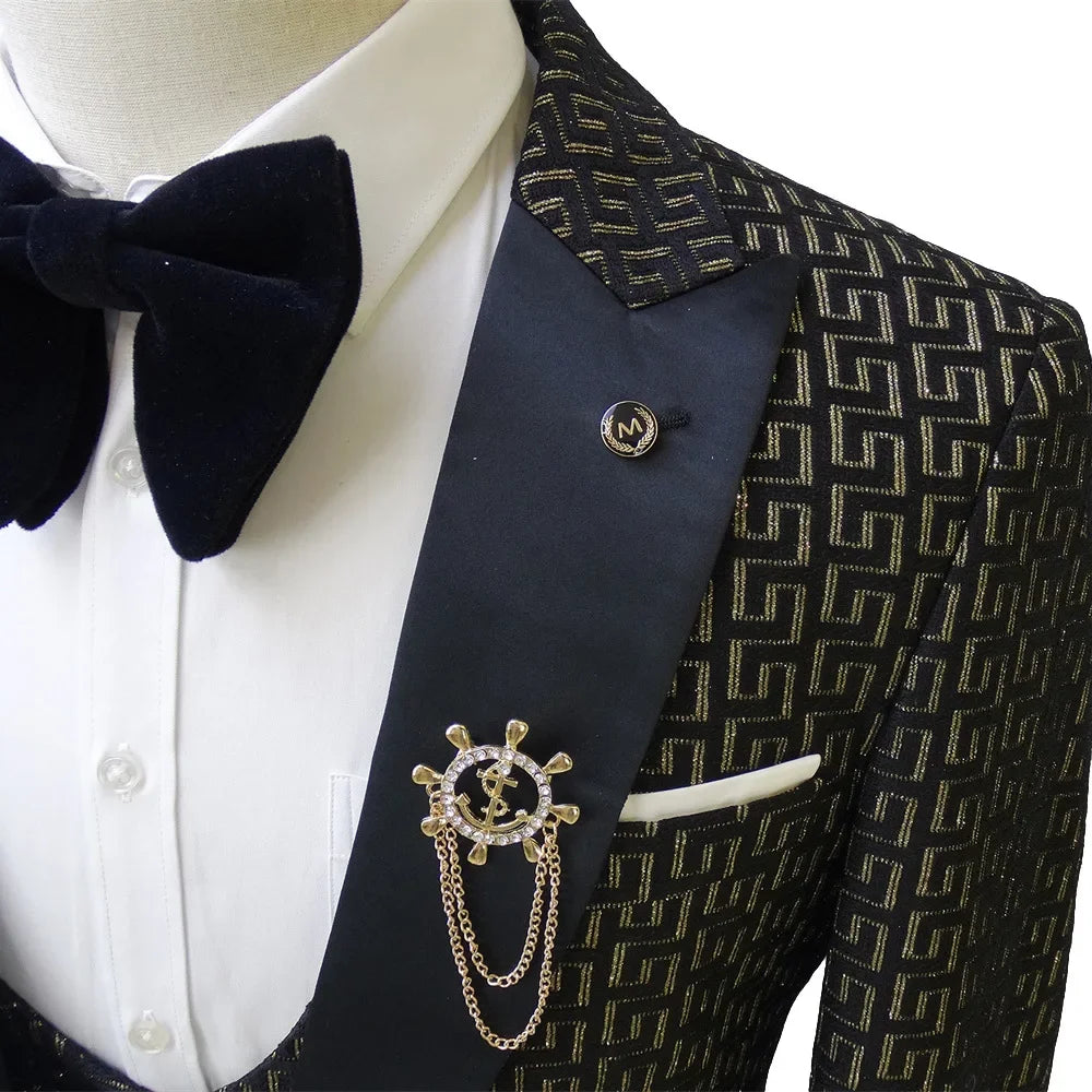 Costume homme noir et blanc 3 pièces imprimé palais doré, costume de mariage sur la route, vêtements pour hommes, costumes de mariage pour hommes 