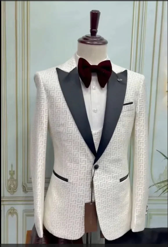 Costume homme noir et blanc 3 pièces imprimé palais doré, costume de mariage sur la route, vêtements pour hommes, costumes de mariage pour hommes 
