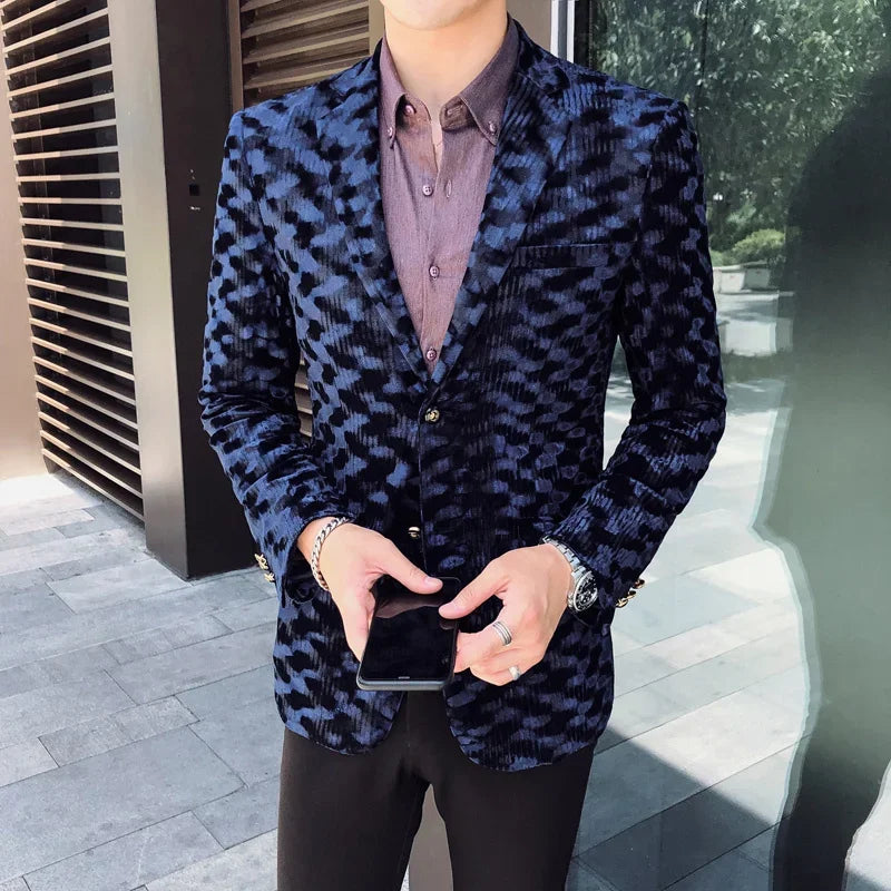 Blazer Fiesta Club Escenario Para DJ Cantante Primavera Otoño Blazer Estampado De Leopardo Masculino Dos Piezas