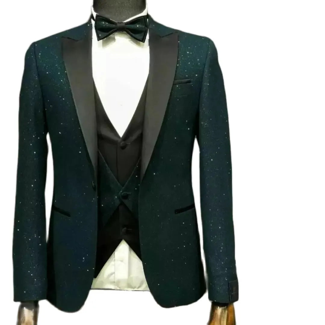 Conjunto de blazer de 3 piezas, diseño ajustado, traje de boda brillante para hombre, esmoquin de un botón, vestido masculino de talla grande 