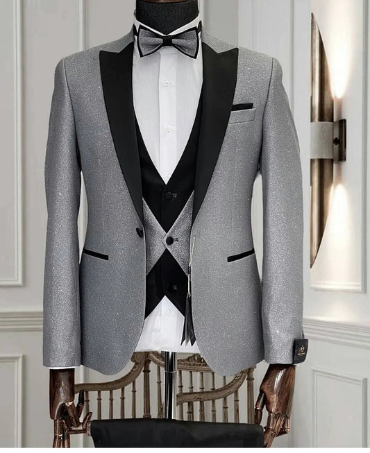 Blazer Sets 3Piece Slim Fit Design Wedding Shiny Suit For Men  Custome One Button Tuxedo Male Dress Plus Size