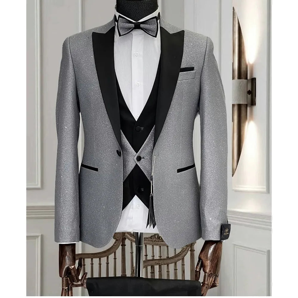 Conjunto de blazer de 3 piezas, diseño ajustado, traje de boda brillante para hombre, esmoquin de un botón, vestido masculino de talla grande 