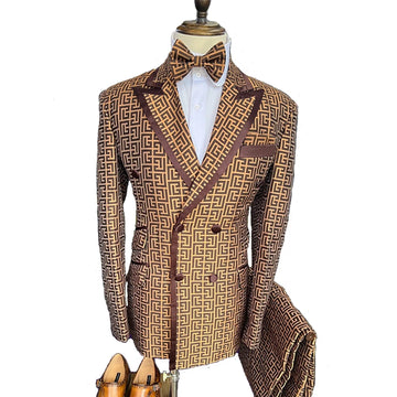 Men's Double Breasted Patterned Slim Fit Suit with Matching Bowtie and Pants Brown and Yellow