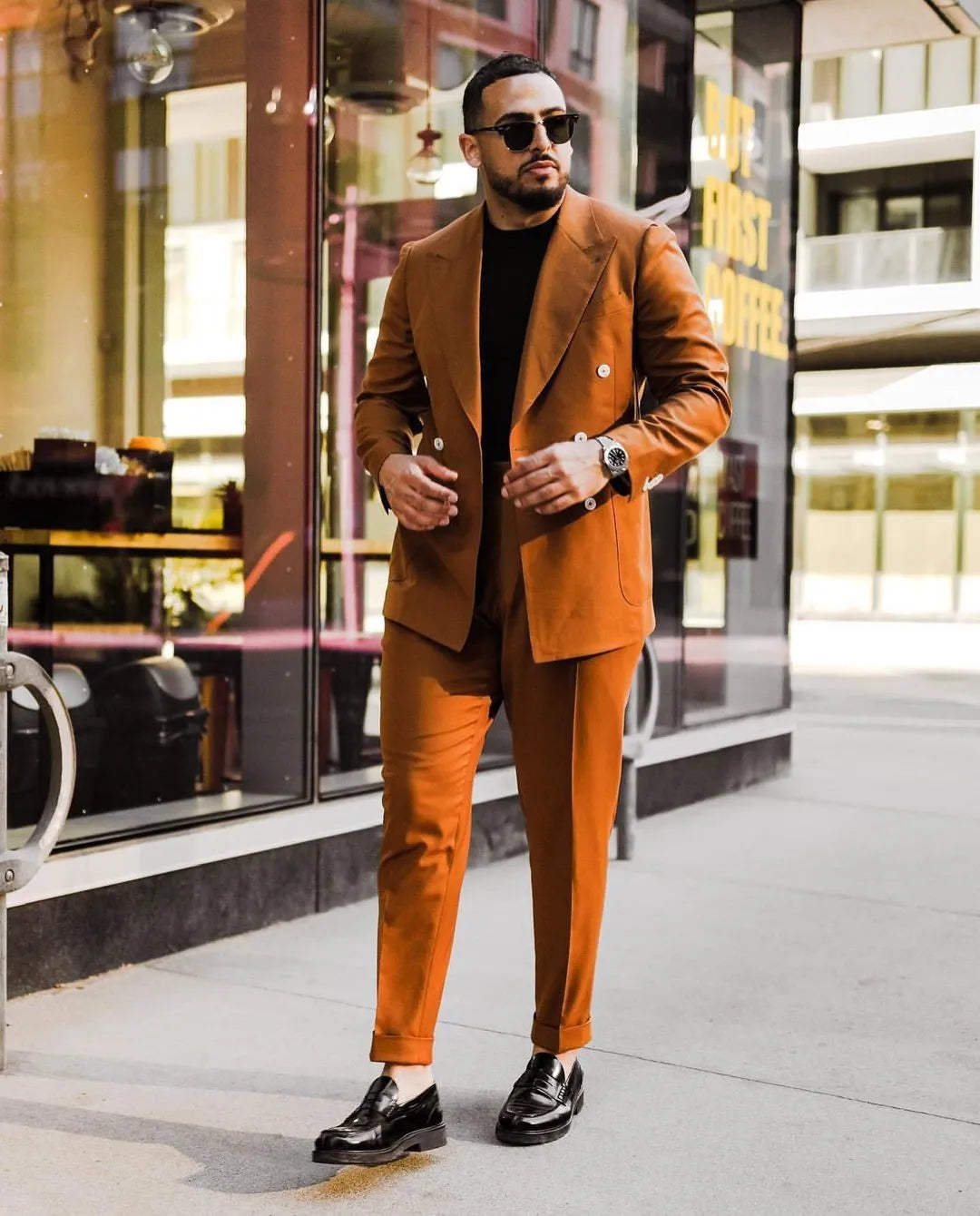 Blazer Sets Wedding Suits For Men 2 Pieces Outfits Slim Fit Custome Orange Double Breasted Large Size Tuxedo Homme Dress