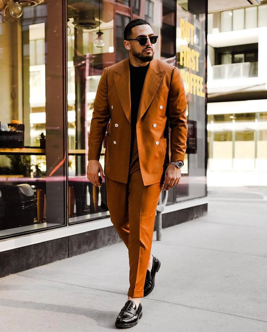 Blazer Sets Wedding Suits For Men 2 Pieces Outfits Slim Fit Custome Orange Double Breasted Large Size Tuxedo Homme Dress