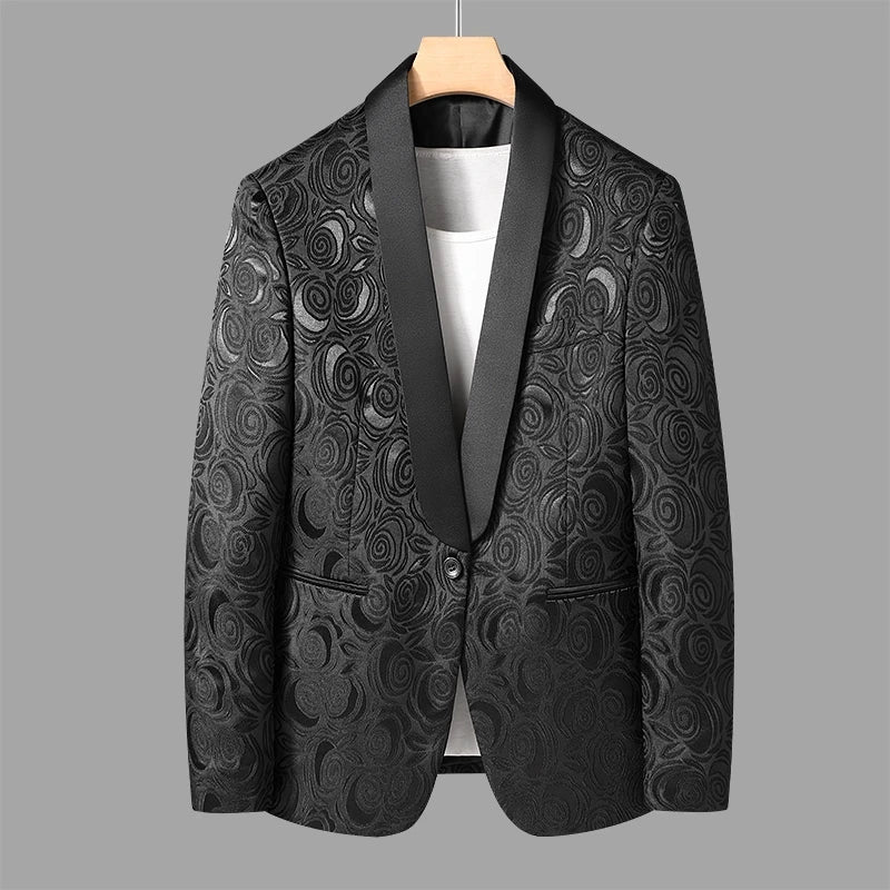 Navy Blue Floral Pattern Blazer Suit Set for Men Elegant Tuxedo Jacket with Pants Perfect for Weddings and Formal Events Fashion Outfit