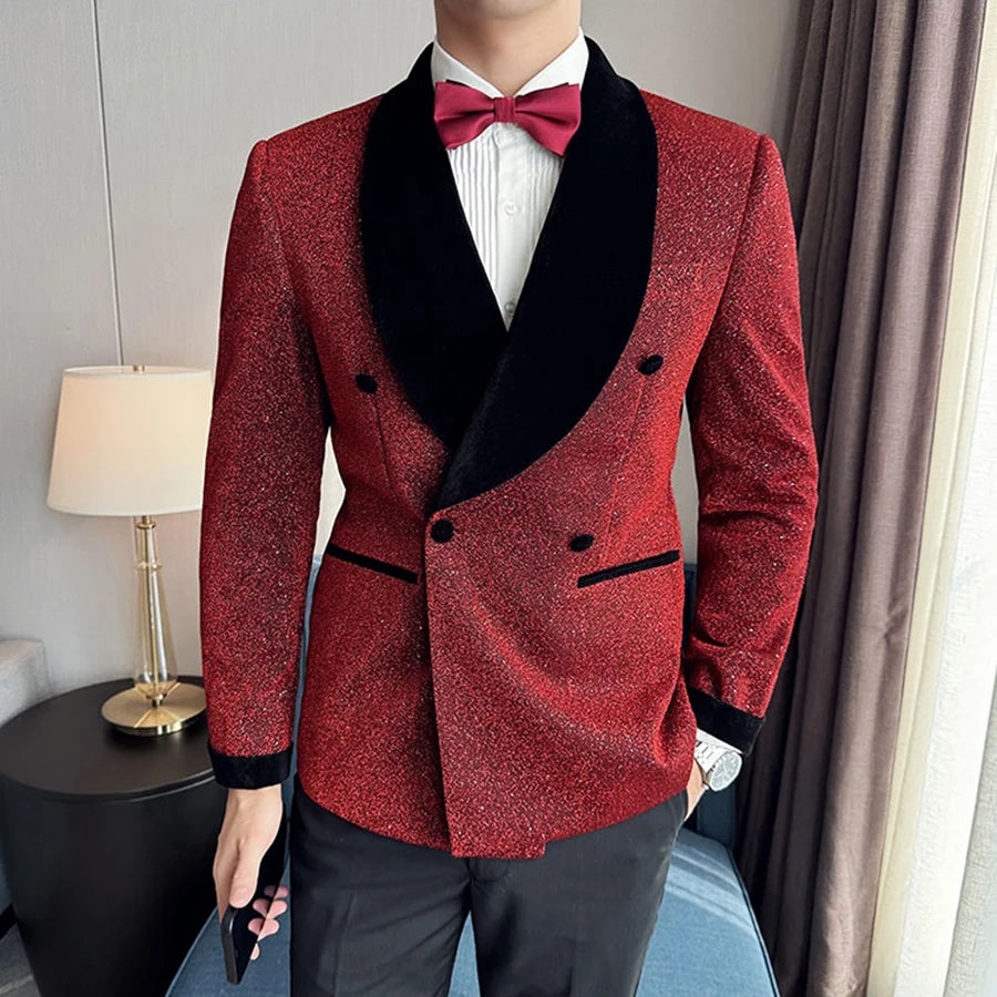Elegante esmoquin cruzado con purpurina roja para hombre: perfecto para bodas, fiestas y eventos formales.