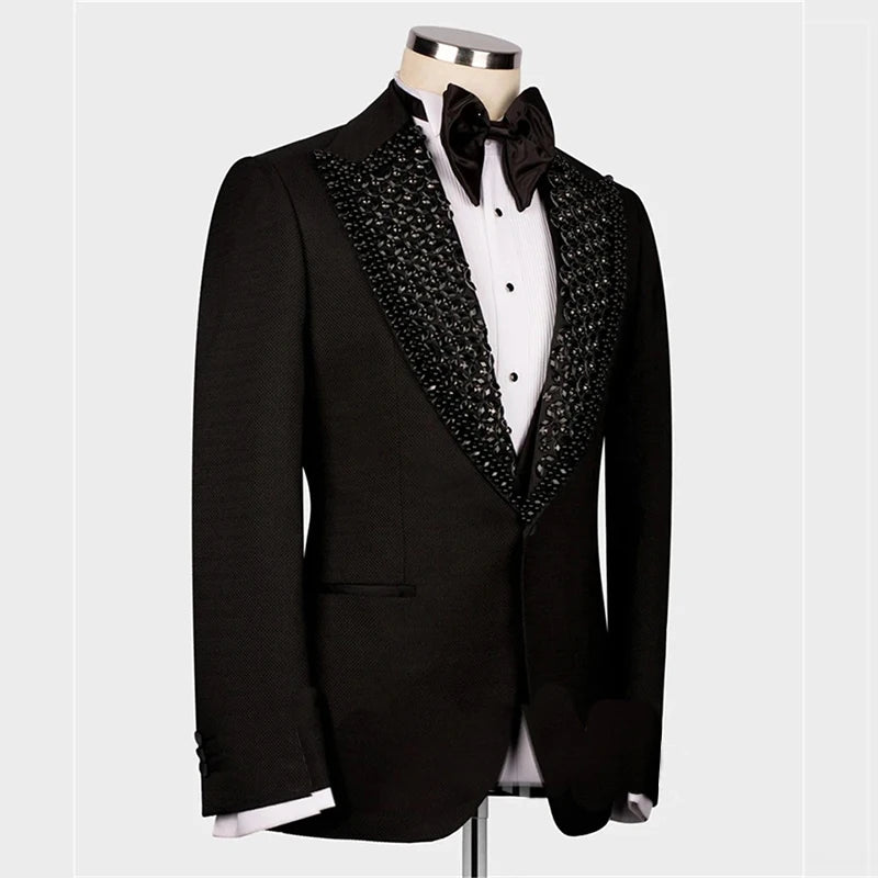 Elegant Black Tuxedo Suit Set for Men with Embellished Lapel, Perfect for Weddings, Parties, and Formal Events