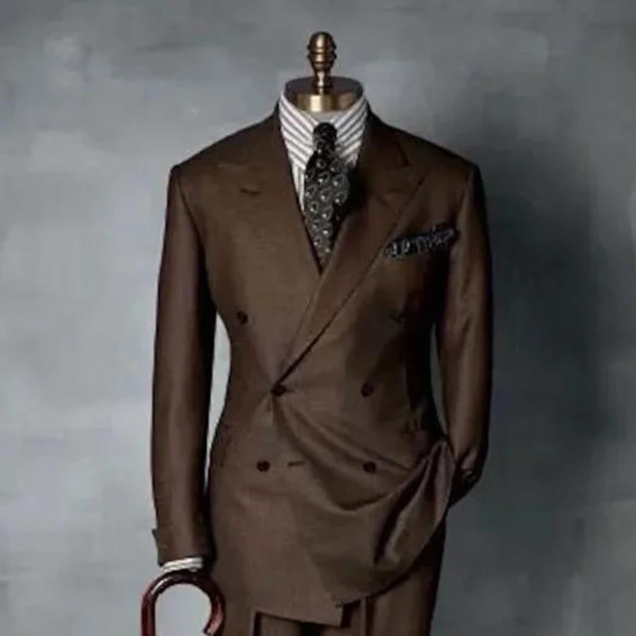 Elegant Brown Double-Breasted Blazer Suit Set for Men Attire for Weddings, Parties, and Formal Events