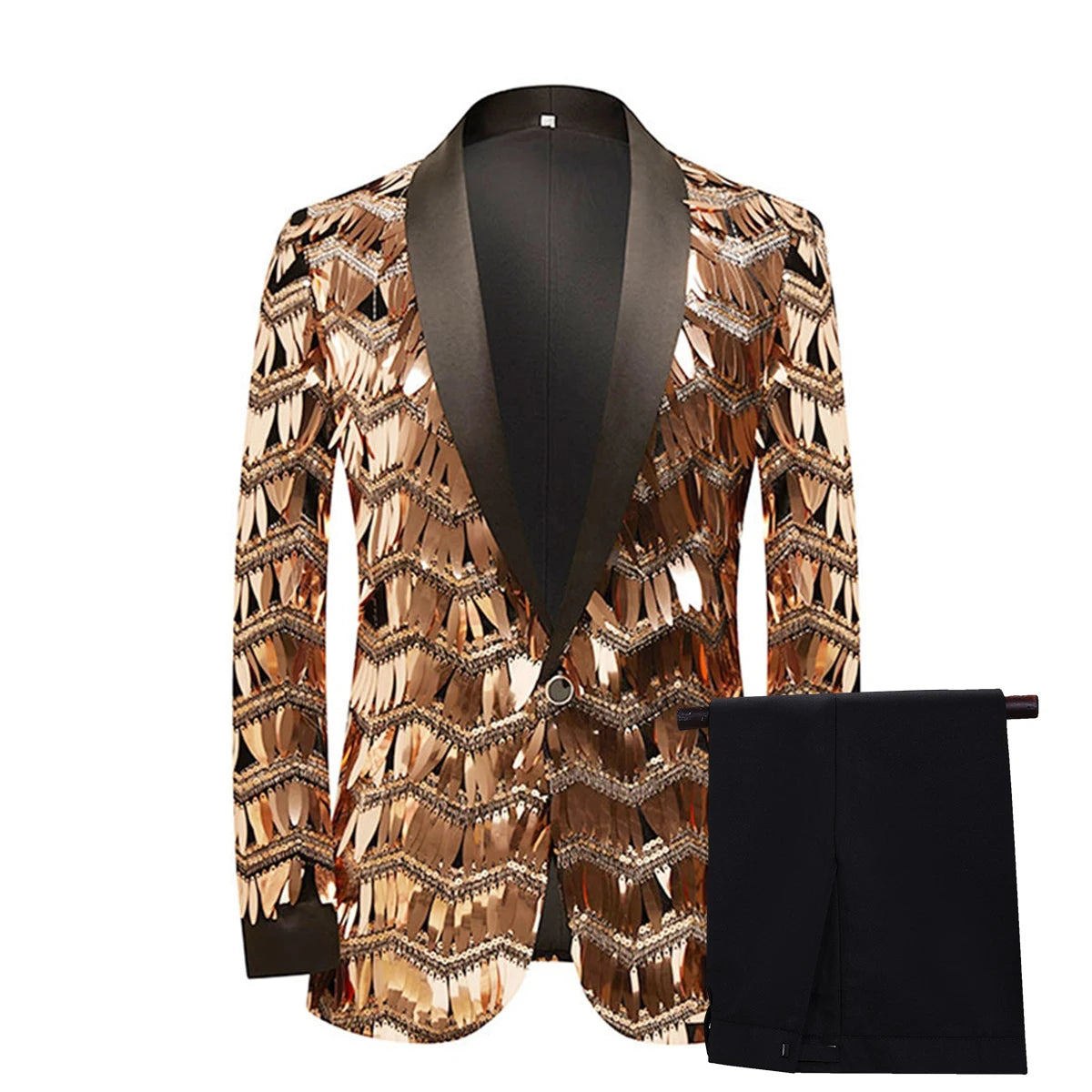 Elegante traje blazer metálico para hombre, conjunto de 2 piezas, elegante chaqueta de esmoquin de fiesta con pantalones negros, perfecto para bodas y ocasiones especiales.
