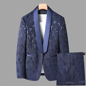 Ensemble de costume blazer bleu marine à motif floral pour homme, veste de smoking élégante avec pantalon, parfait pour les mariages et les événements formels, tenue de mode de haute qualité