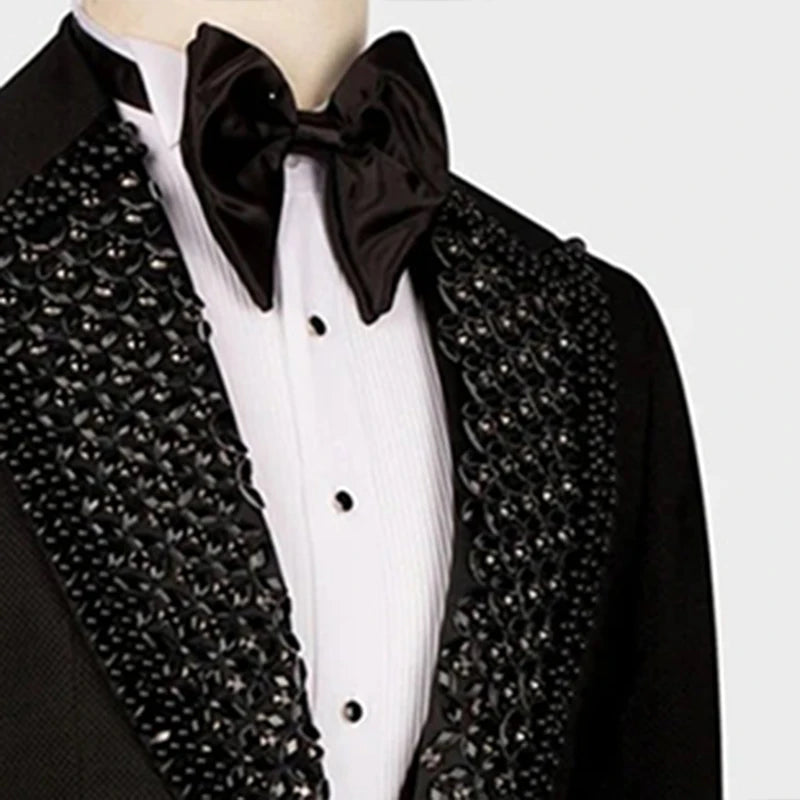 Elegant Black Tuxedo Suit Set for Men with Embellished Lapel, Perfect for Weddings, Parties, and Formal Events