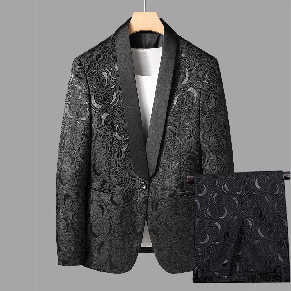 Navy Blue Floral Pattern Blazer Suit Set for Men Elegant Tuxedo Jacket with Pants Perfect for Weddings and Formal Events Fashion Outfit