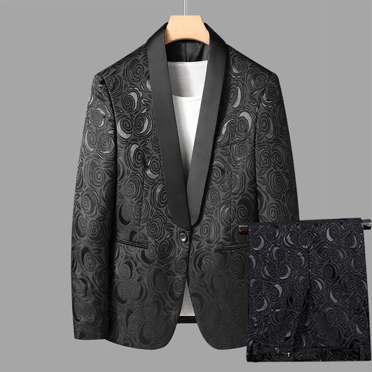 Navy Blue Floral Pattern Blazer Suit Set for Men Elegant Tuxedo Jacket with Pants Perfect for Weddings and Formal Events High Quality Fashion Outfit