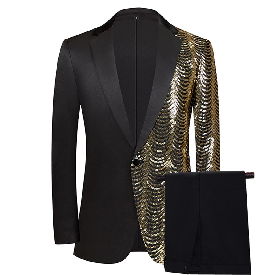 Conjunto de traje blazer con lentejuelas para hombre, elegante chaqueta de esmoquin con pantalones para fiestas y bodas, elegante atuendo de moda.