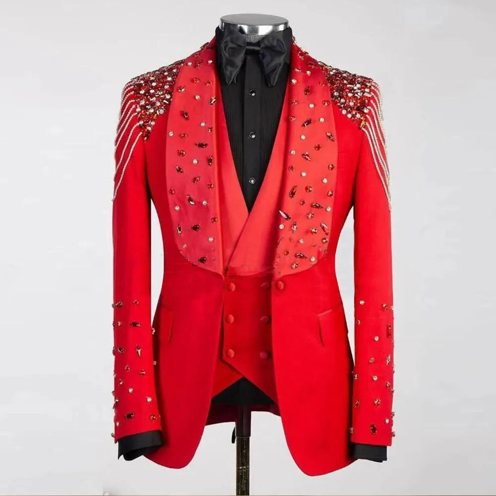 Glamorous Red Sequin Blazer Suit for Men 3-Piece Tuxedo Set Perfect for Weddings, Parties, and Special Occasions