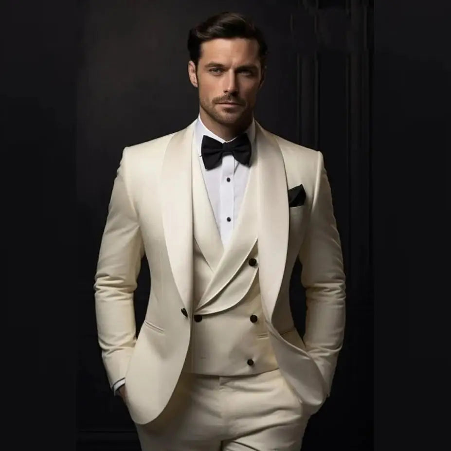 Elegante conjunto de traje beige de 2 piezas para hombre, chaqueta y pantalón de esmoquin de boda a medida para eventos formales.