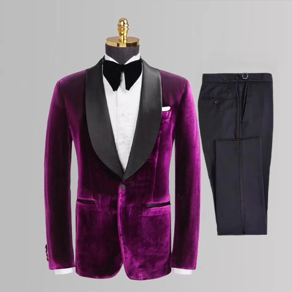 Elegant Velvet Tuxedo Suit Set for Men – Stylish 2-Piece Blazer and Pants for Weddings and Formal Occasions – Tailored Fit
